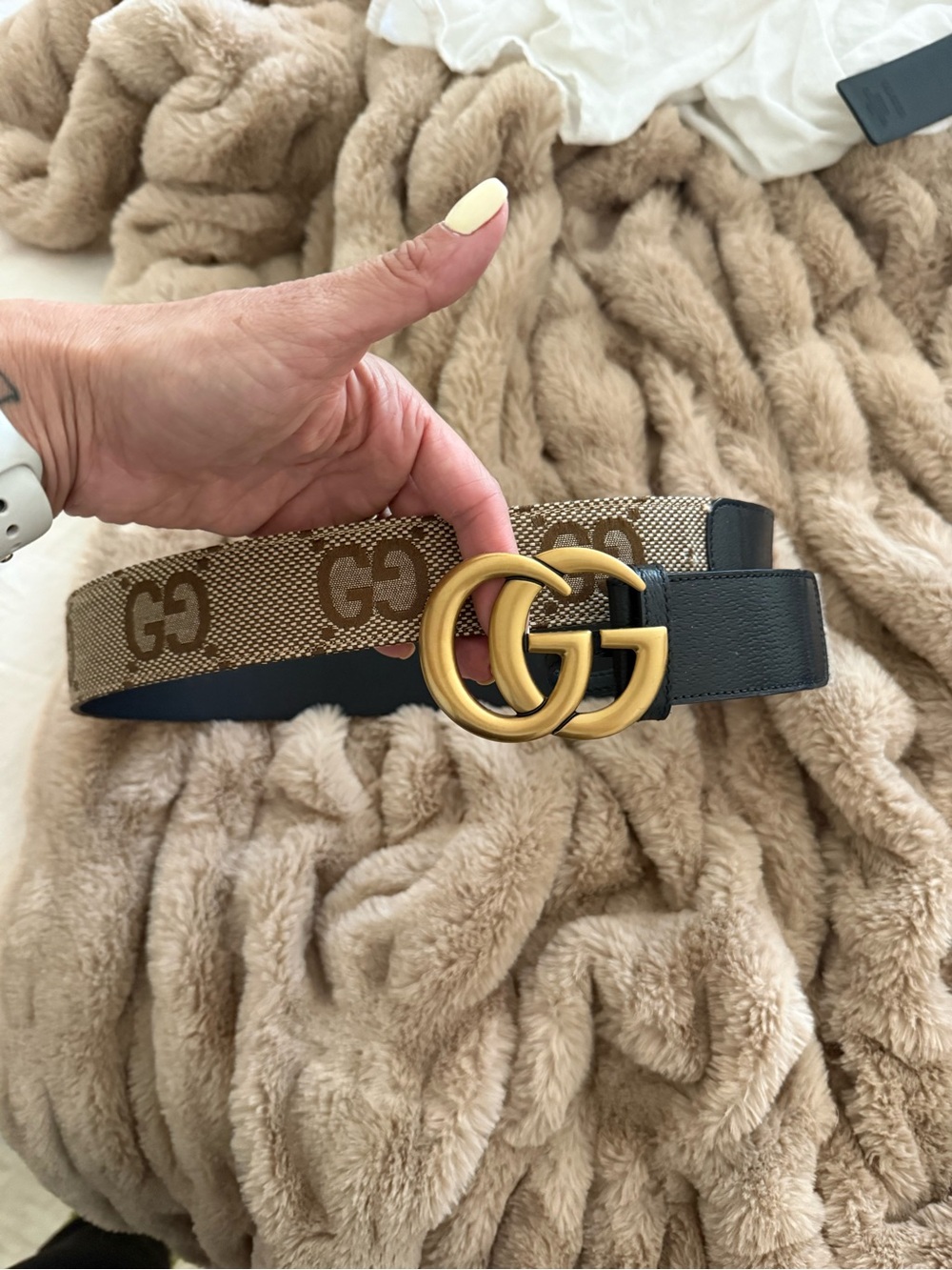 GG Supreme Canvas Double G Belt Black Brown Gold Size 85/34